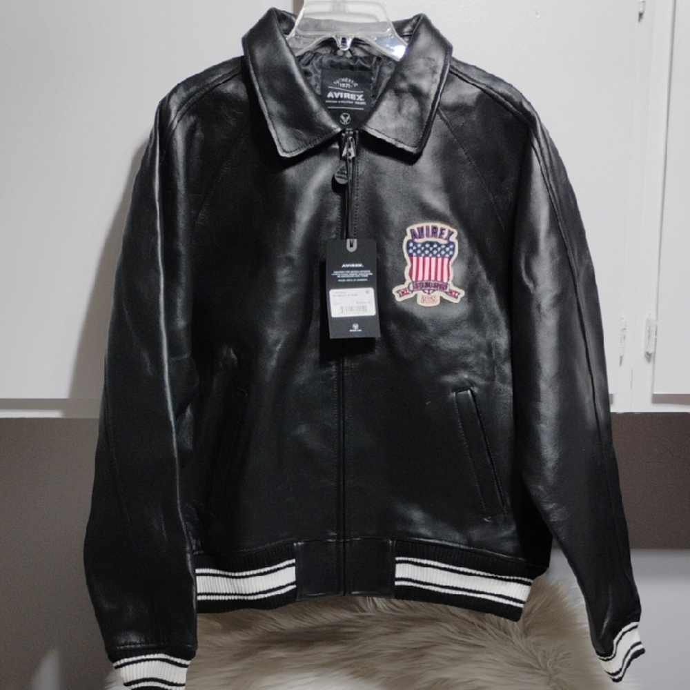 SALE! New Avirex Black Embroidered Leather Bomber Jacket Patches USA Sz.L